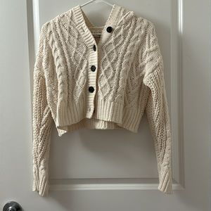 American Eagle Outfitters - Hooded Crop Sweater, Button Down - Cream
